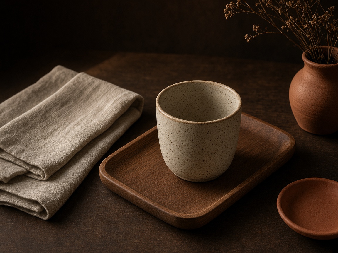 Ceramic cup, linen, and wood materials in warm terracotta light
