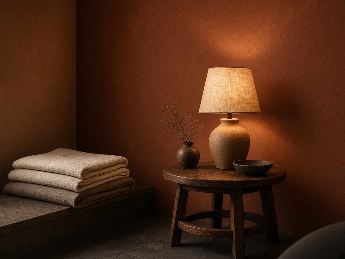 Folded clinic linens and warm lamp on a treatment side table